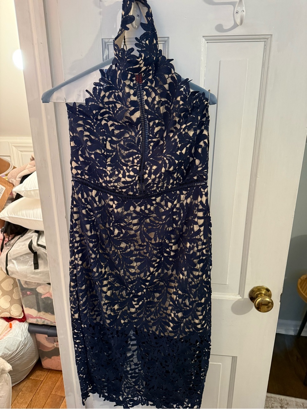 Lulu's Navy Lace Halter Midi Dress with Nude Underlay